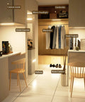 Motion Sensor Under Cabinet LED Light Strip With 90 LEDs illuminating a kitchen and wardrobe, showing magnetic mount use.