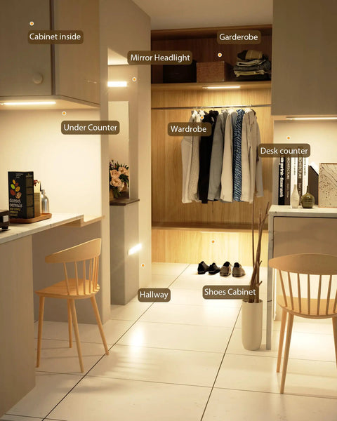 Motion Sensor Under Cabinet LED Light Strip With 90 LEDs illuminating a kitchen and wardrobe, showing magnetic mount use.