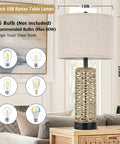 Rattan Table Lamps Set Of 2 With Dual USB Ports And Rotary Switch Boho Cream Fabric Shade Nightstand Lamps For Bedroom