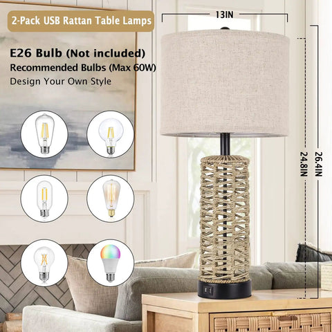 Rattan Table Lamps Set Of 2 With Dual USB Ports And Rotary Switch Boho Cream Fabric Shade Nightstand Lamps For Bedroom