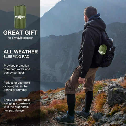Hiker with backpack carrying Ultralight Camping Sleeping Pad With Built-In Pump For Backpacking, Inflatable Air Pad For Hiking