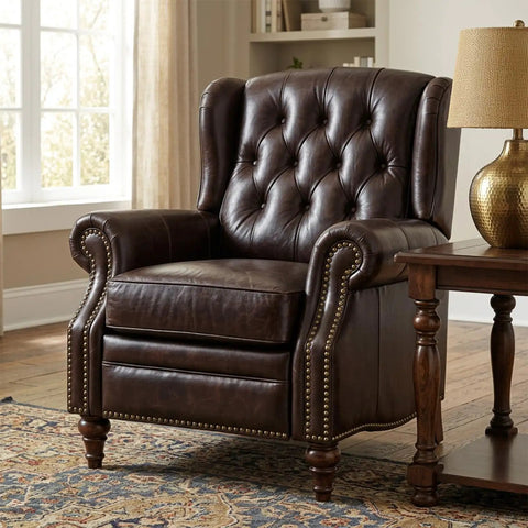 Solid Vintage Upholstery Tacks Set With One Hundred Antique Brass Decorative Hardware Nails Ideal For Sofa Restoration Headboard Accents And Darn Nice Handcrafted DIY Creations on a brown leather chair.