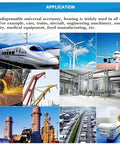 Collage of various applications of bearings, including trains, airplanes, wind turbines, machinery, and medical equipment.