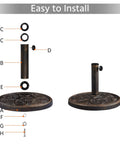 Easy installation diagram of Heavy Duty Round Antiqued Umbrella Base for Outdoor Patio All Weather Bronze Stand 22 Lb Resin
