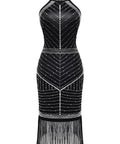 Glam Gatsby Era Flapper Dress For Women With Sequin Fringe And Halter Neck Sleeveless Knee Length Backless Party Dress In Black