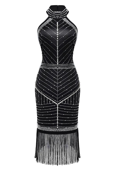 Glam Gatsby Era Flapper Dress For Women With Sequin Fringe And Halter Neck Sleeveless Knee Length Backless Party Dress In Black