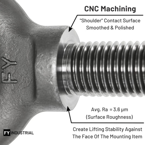 Close-up of smoothed shoulder contact surface of Nine Pack 1/2-13 Eye Bolts, 1 Inch Long, Heavy Duty Lifting Eyebolts for Hoisting and Rigging.