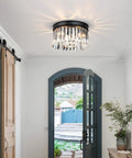 12 Inch Crystal Ceiling Light Black Flush Mount Fixture With Dual Tier K9 Crystal Strips Close To Ceiling Design for Hallway