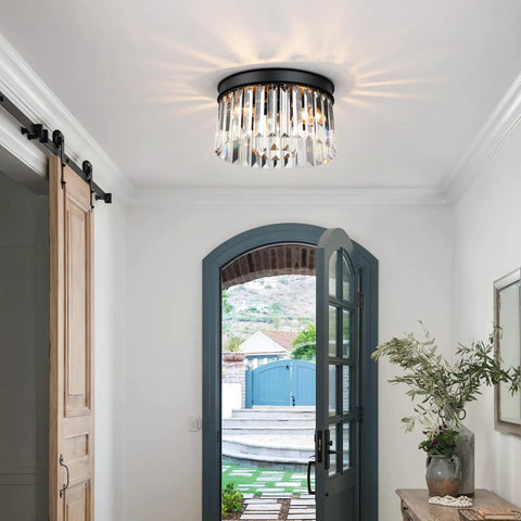 12 Inch Crystal Ceiling Light Black Flush Mount Fixture With Dual Tier K9 Crystal Strips Close To Ceiling Design for Hallway