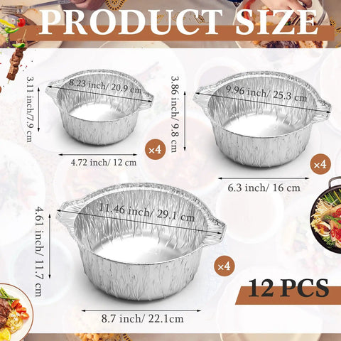 Image showing various sizes of 12 pack disposable aluminum pots with lids set for camping and travel cooking.