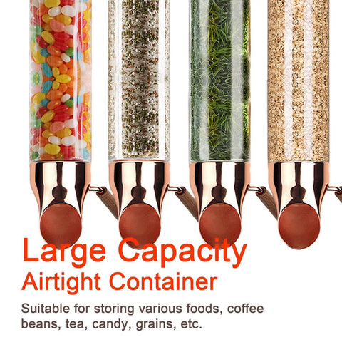 Wall Mounted Coffee Dispenser With Clear Glass Tube And Adjustable Wooden Lever, showing colorful jelly beans and herbs.