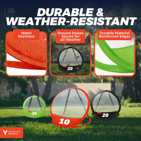 Golf Chipping Practice Net Set With Three Target Nets In Small Medium Large, durable weather-resistant design outdoors