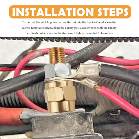 Installation of Heavy Duty 2 Pack Side Post Battery Terminal Extension Bolts With Nuts on battery cables.