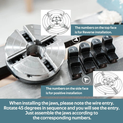Straight Shooter 3 Inch Wood Lathe Chuck featuring 4 reversible jaws, showing installation instructions and numbered jaws.