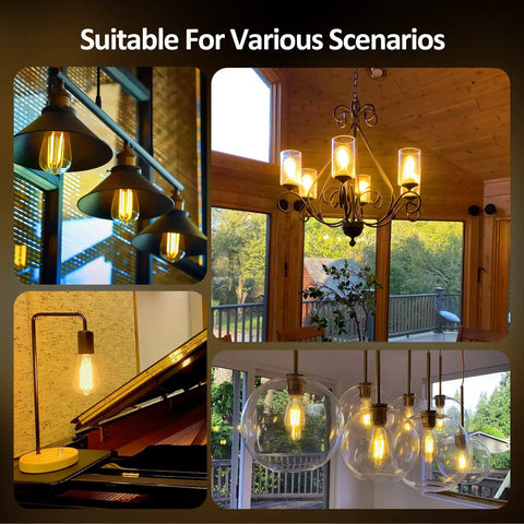 Cozy Dimmable E26 LED Edison Bulbs 60W Equivalent in various lighting fixtures, showcasing warm 2700K glow in diverse settings.