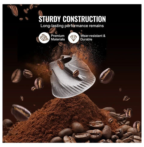 8 Cup Drip Coffee Maker With Built In Burr Grinder And Three Brew Strengths Adjustable Grind Size Compatible With Whole Beans Or Ground Coffee For Real Deal Fresh Ground Flavor, close-up of burr grinder with coffee grounds.