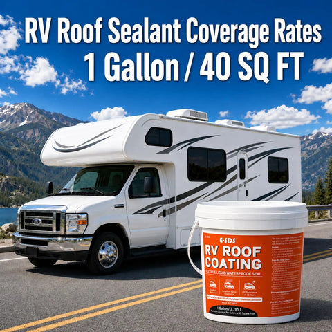 MS Polymer RV Roof Sealant 1 Gallon Coating in front of white RV on scenic road with mountains and lake, text on image: 40 SQ FT coverage.