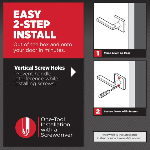 Easy 2-step install diagram for Dummy Door Handle Lever For Closets And Pantries, Satin Nickel Non Turning, Single Sided.