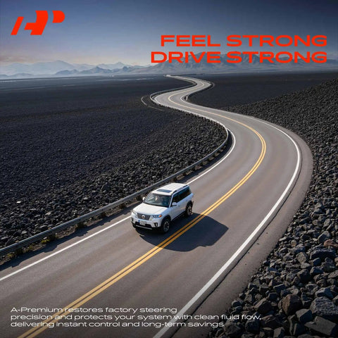 SUV driving on a winding road in a desert landscape, showcasing precision and control with A-Premium steering solutions.