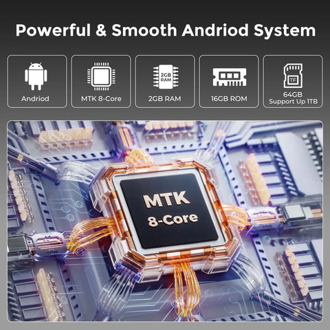 4 Inch MP3 Player With Bluetooth And WiFi Supports Spotify Amazon Music Pandora Audible And More Includes Spotify Kids App And MP4 Video Up To 1TB Storage On The Go Music Player For The Gym And Travel, showcasing MTK 8-core processor and Android system details.