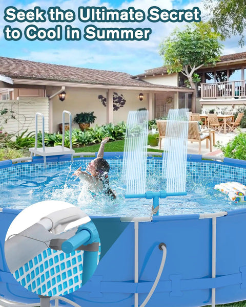 Image of a pool with water splashing from 2 In 1 Pool Fountain With 360 Degree Adjustable Dual Spray Heads And A Retractable Height Pole For High Pressure Waterfall Sprinkler, Dope For Above Ground Or Inground Pools, Spa Cooling, Backyard Vibes, Blue.