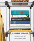 Close-up of Double Rod Freestanding Closet Organizer With Five Shelves In Silver Steel Rack, showcasing durable shelves with books.