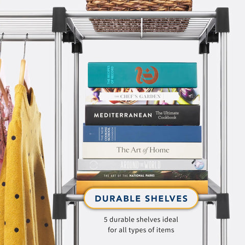 Close-up of Double Rod Freestanding Closet Organizer With Five Shelves In Silver Steel Rack, showcasing durable shelves with books.