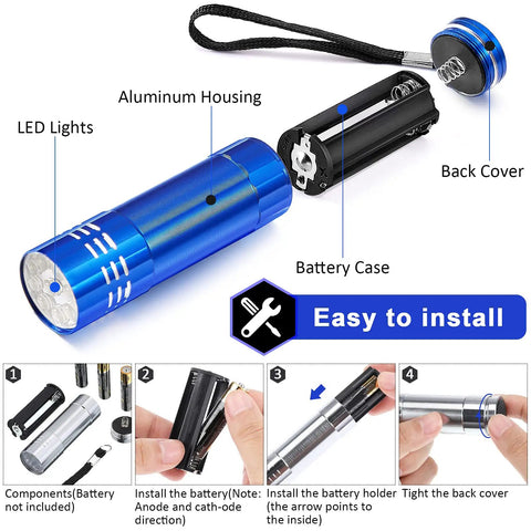Lit 40 Pack UV Flashlights Mini Black Light Handheld Lanyard Set Assorted Colors For Detecting Pet Urine And Dry Stains And Scorpion Hunting 9 LED Portable Blacklights Battery Not Included showing blue flashlight assembly steps.