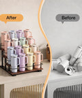 4 Tier Water Bottle Organizer Rack For 40oz Tumblers And Bottles with carbon steel frame and wooden shelves, organized vs disordered tumblers