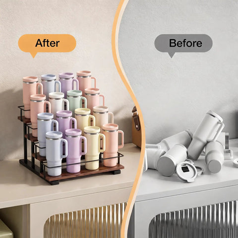 4 Tier Water Bottle Organizer Rack For 40oz Tumblers And Bottles with carbon steel frame and wooden shelves, organized vs disordered tumblers