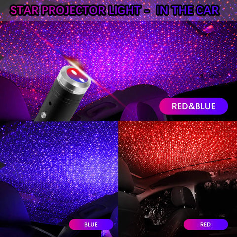 USB Star Light Sound Activated Night Light For Car And Home with 3 Color Options and 9 Modes in car showcasing red and blue modes.