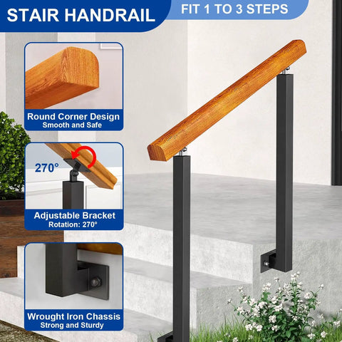 Adjustable Wooden Railing Kit For Outdoor Steps And Porch With Dang Tough Wrought Iron Brackets and Sleek Powder Coated Posts shown on stairs with adjustable bracket.