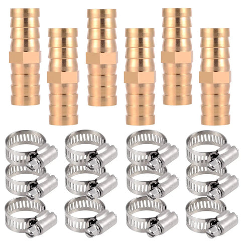 Six Pack Garden Hose Repair Connectors With Stainless Steel Clamps For Five Eighth Inch Hoses, Durable Brass Fittings Kit For Quick Repairs And Leak Free Watering shown in set of six connectors and twelve clamps.