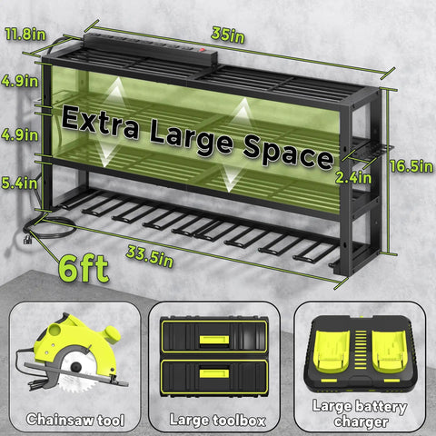 Heavy Duty Power Tool Organizer Wall Mount With Charging Station And Eight Outlet Power Strip Metal Rack, 35.4x16.5 inches