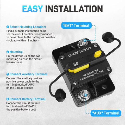 Solid 60 Amp Circuit Breaker For Rig And Marine Setup With Top Shelf IP67 Waterproof Housing, showing BAT and AUX terminals.