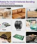 Image showing various materials like plastic, leather, wood, rubber, glass, and ceramics, suitable for Clear Glasses Frames Glue For A Fast Fix And Bonding, Instant Strong Adhesive For Plastic Metal Wood Rubber Leather Eyewear, Quick Dry Low Odor Colorless Transparent Liquid Glue For Fixing Broken Frames.
