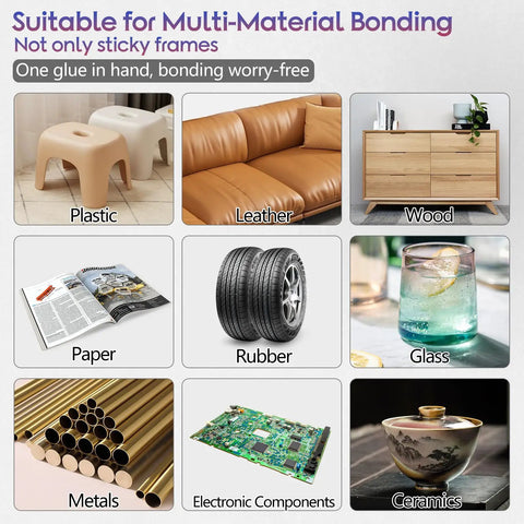 Image showing various materials like plastic, leather, wood, rubber, glass, and ceramics, suitable for Clear Glasses Frames Glue For A Fast Fix And Bonding, Instant Strong Adhesive For Plastic Metal Wood Rubber Leather Eyewear, Quick Dry Low Odor Colorless Transparent Liquid Glue For Fixing Broken Frames.