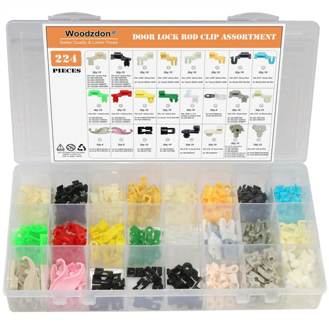 Opened kit displaying 224-piece nylon door lock rod clips for GM Ford Chrysler Toyota Mazda, fits 4mm and 5mm rod size.