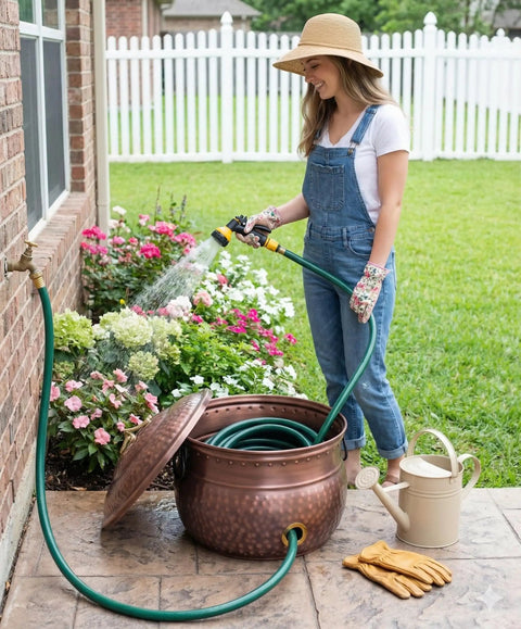 Woman using Water Hose Holder With Lid Ground Garden Hose Pot For Indoor And Outdoor Use Copper Accents Steel Construction With Handle Decorates Patio Or Deck Keeps Hose Neat Protected And Ready To Go on patio