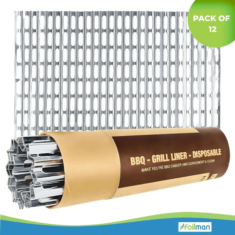 Heavy Duty Disposable Aluminum Grill Liners 12 x 20 Inch Nonstick Sheets For BBQ Protect Grates From Grease Promote Even Heat Distribution No Mess Cleanup Ideal For Outdoor Grilling Tear Resistant Pack Of 12