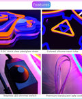 Close-up features of Sword and Shield LED Gaming Light for Game Room Decor with plexiglass, neon tube, dimmer, and cable.