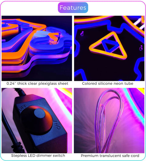 Close-up features of Sword and Shield LED Gaming Light for Game Room Decor with plexiglass, neon tube, dimmer, and cable.