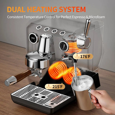 Heavy Duty Semi Automatic Espresso Maker With 15Bar Extraction Power And Quick Dial Milk Frother Steam Wand for dual heating system.