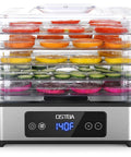 Killer Food Dehydrator Packing Five Stainless Steel Trays And Slick Temperature Knobs For Legit Jerky Fruit And Herb Drying That Boasts Hella Even Airflow And Top Shelf Results with assorted sliced fruits.