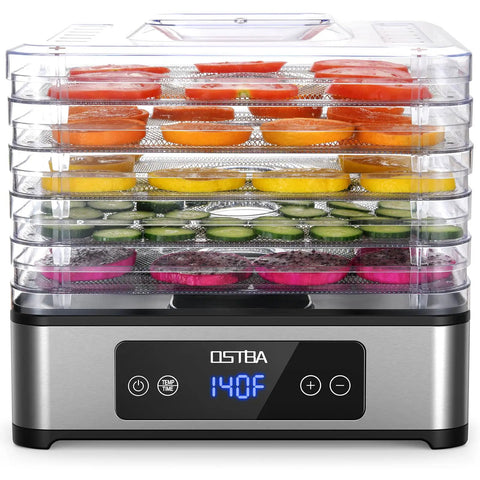Killer Food Dehydrator Packing Five Stainless Steel Trays And Slick Temperature Knobs For Legit Jerky Fruit And Herb Drying That Boasts Hella Even Airflow And Top Shelf Results with assorted sliced fruits.