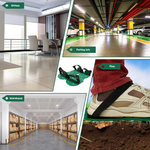 Collage of uses for 2 Pack Spiked Roller for Self Leveling Floors Multipurpose Cement and Epoxy Floor Tool Set in various settings.