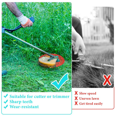 Six Steel Teeth Razor Trimmer Heads And Three Teeth Brush Cutter Blades Set with Weed Trimmer Attachments in use on lawn