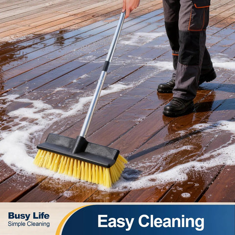 Person using Extendable Deck Brush With Four Section Handle for Outdoor Decks and Patios, 53.9 Inch Reach, soft yellow bristles