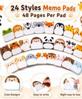 Dope 24 Pack Cartoon Animal Sticky Notes Set With 1152 Sheets in 24 styles, featuring cute animal designs and adhesive memo pads