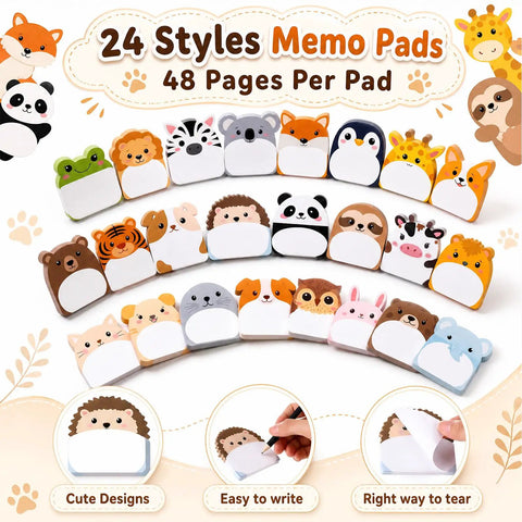 Dope 24 Pack Cartoon Animal Sticky Notes Set With 1152 Sheets in 24 styles, featuring cute animal designs and adhesive memo pads